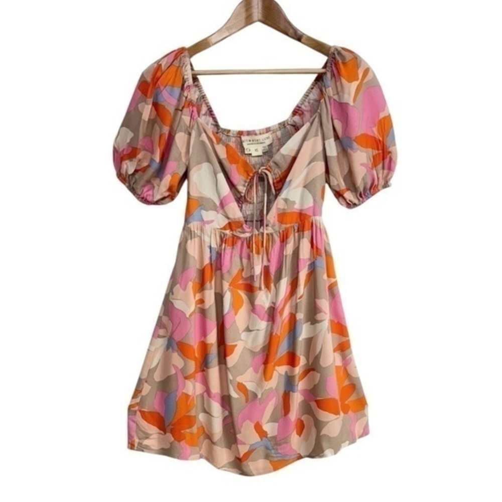 Salt Luxe Floral Sundress Size XS Mini Dress Puff Sleeve Cut Out Neck Colorful